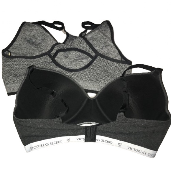 2 Victoria Secret Sport Bra Padded 34DD XXL Set Tec Work Out Like New Grey Black - Picture 2 of 5